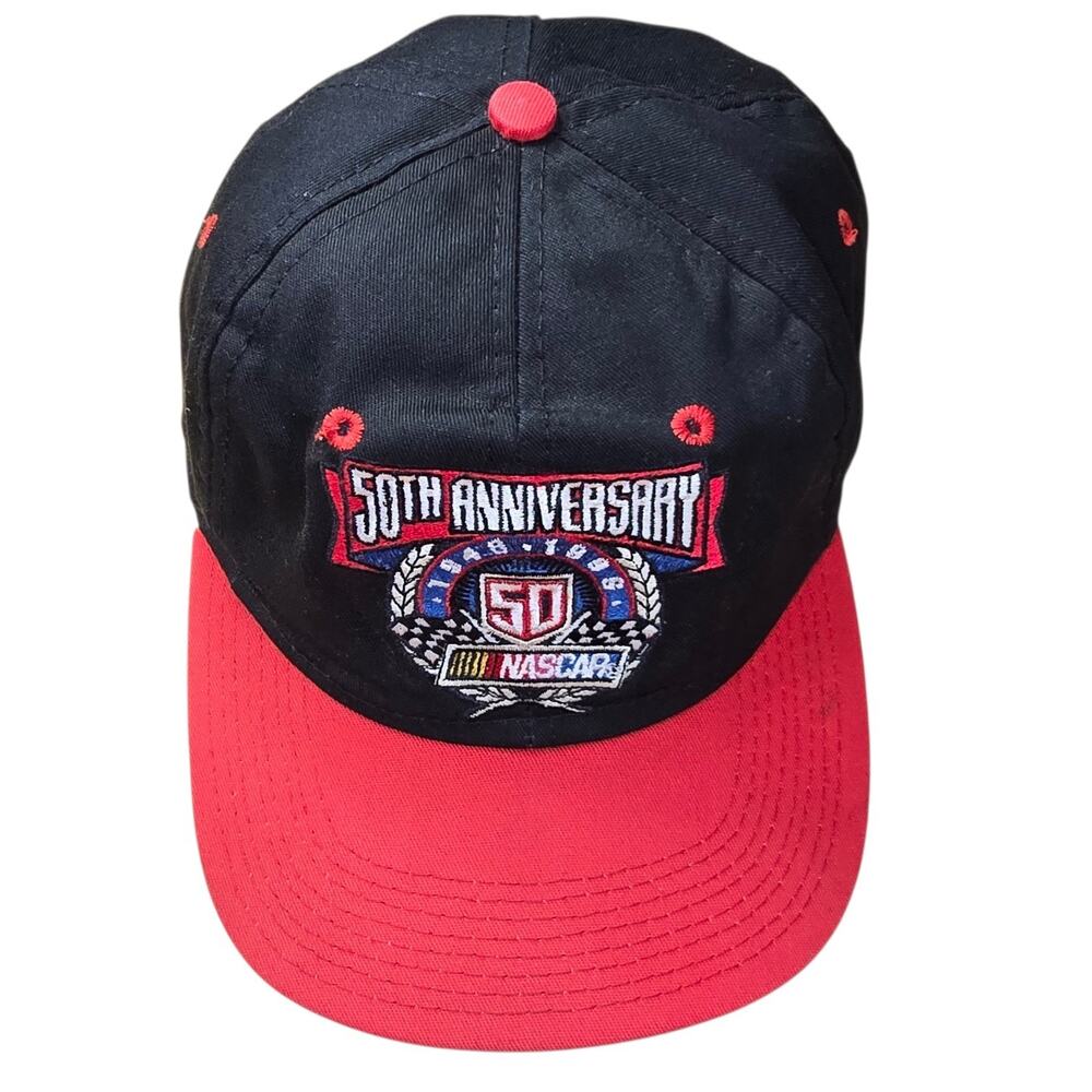 Vintage 1998 90s NASCAR 50th Anniversary Snapback Hat Red Black